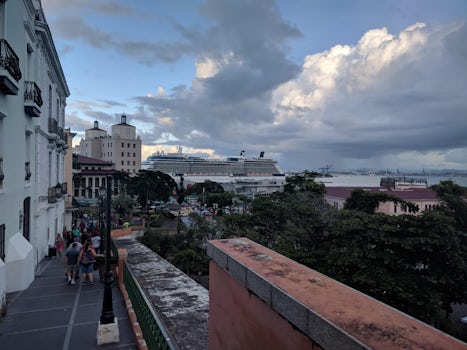 Walking old town San Juan with Equinox in the background