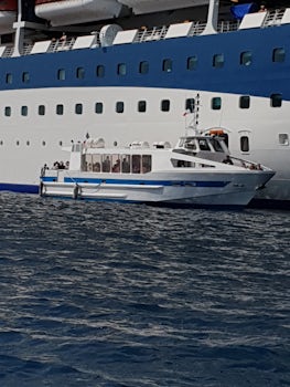 The transfer boats taking passengers ashore