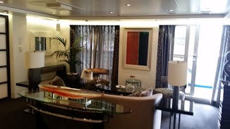 This is the living room of the Oceania Suite looking onto our balcony
