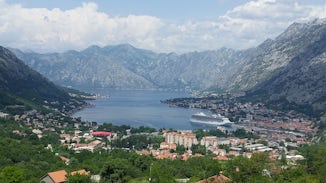 This is our view from a restaurant in Montenegro with our cruise ship in po