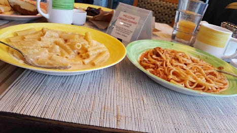 Terrible tasting pasta. We left these plates of pasta & the rotten baked po