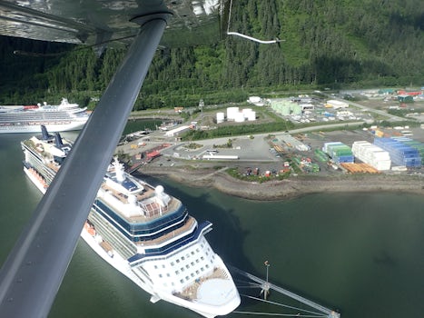 View from float plane from Juneau towards the glaciers.
