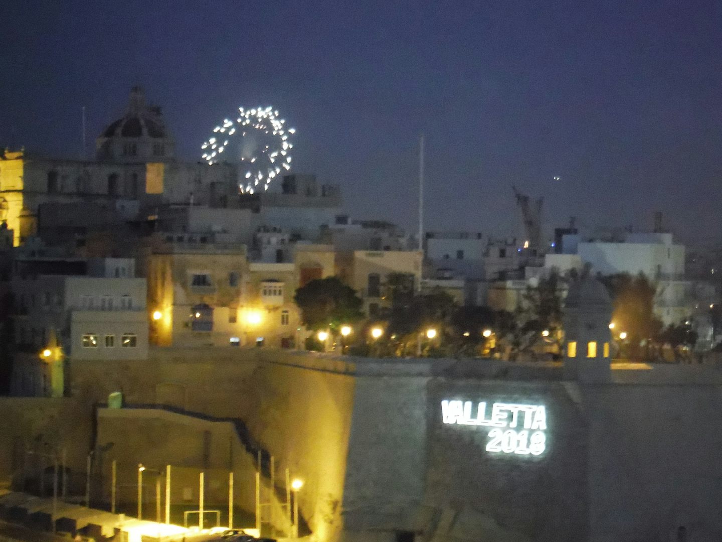 Valletta, Malta evening sail-away. Fireworks seen from our balcony cabin #1