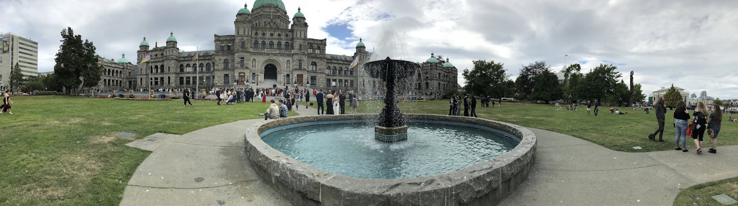 Panorama shot of Parliament building and surrounding area in Victoria, BC