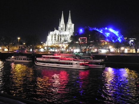 Cologne at night and it's many beautiful colors reflecting on the Rhine