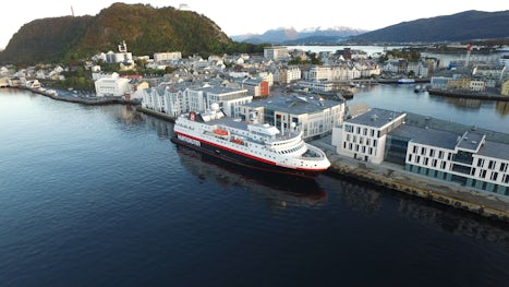 Cruise ship MS Spitsbergen in Port  I took with my drone.Alesund, Norway