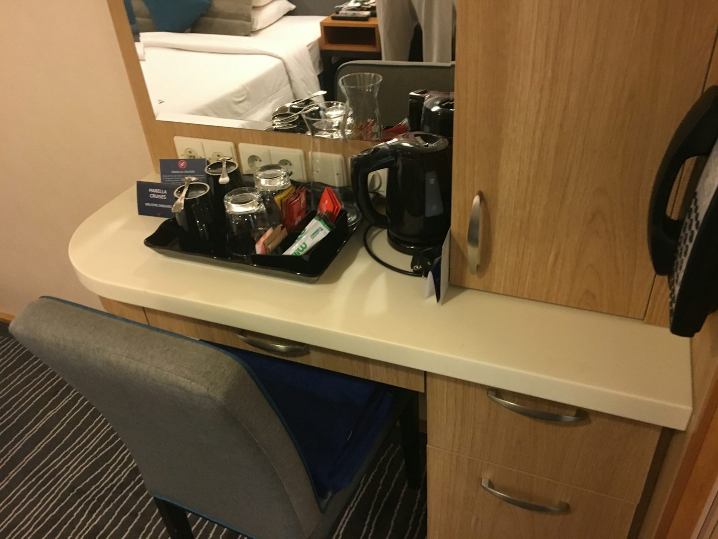 Limited space - dressing table & small drawers.  Water, cans & a few snack