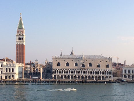 Sailing into Venice past St Marks Square and the Doge’s palace