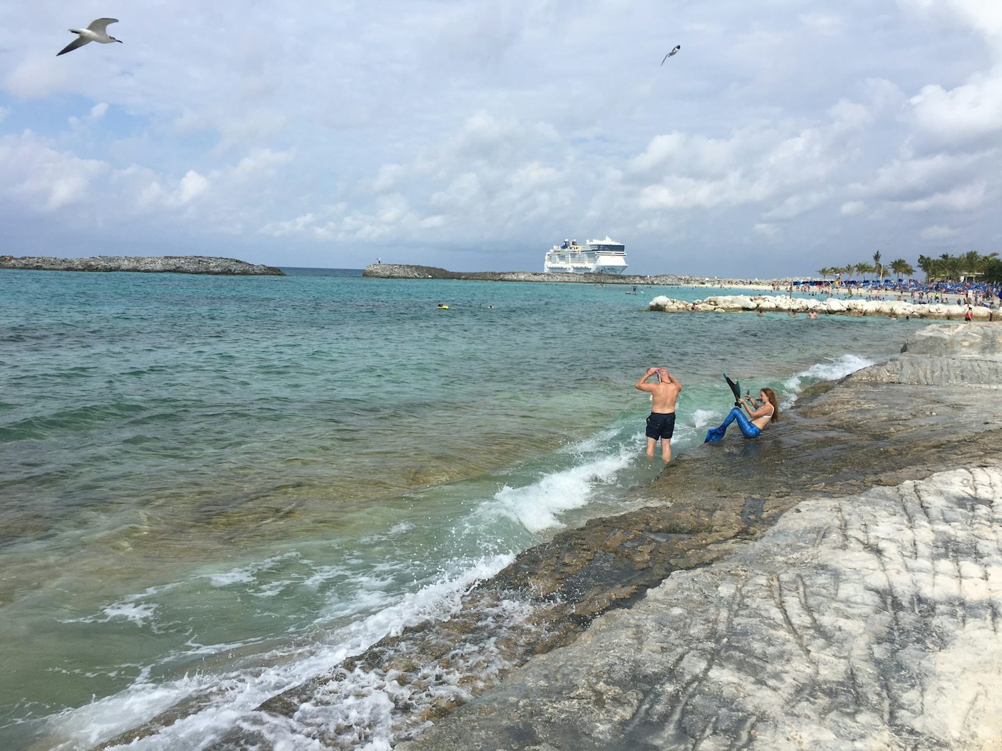 Beaches of Great Stirrup Cay with anchored Norwegian Epic.