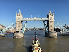 Being towed through Tower Bridge at the start of our voyage