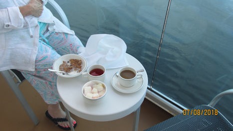 First breakfast enjoyed on Balcony outside our Cabin