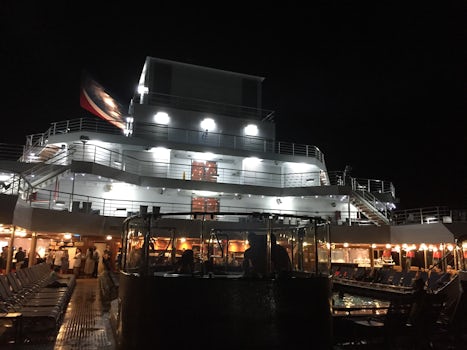 Back of ship at night.