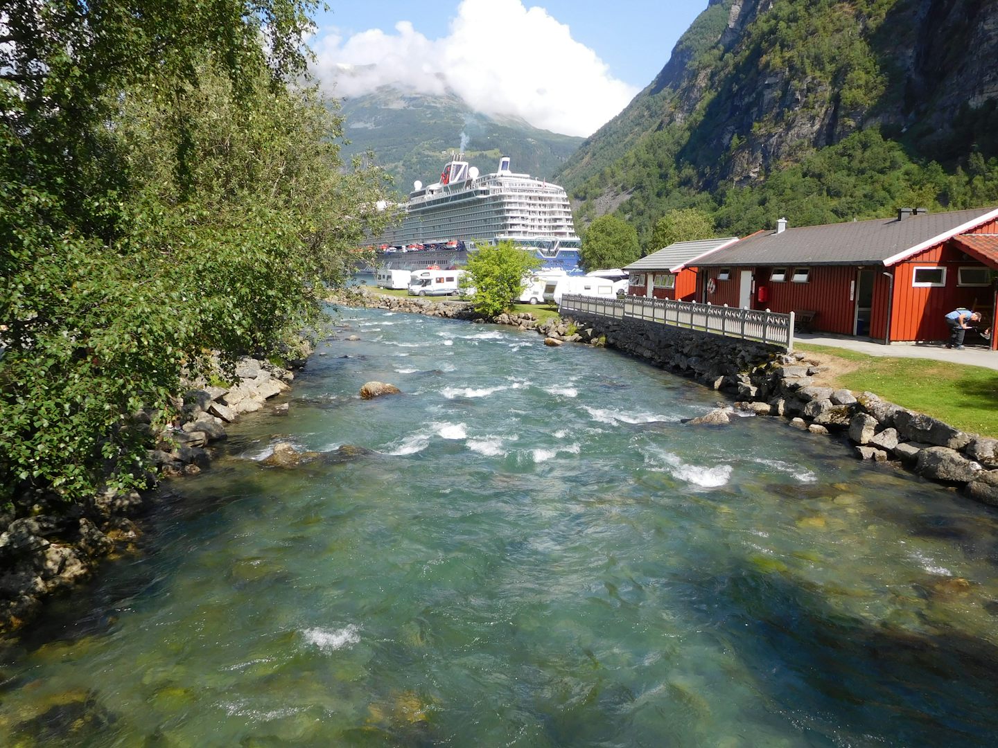 Geiranger, Norway looking down stream from the waterfalls to our ship the V