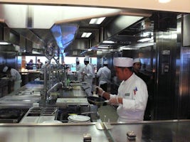 The galley in the World Cafe on deck 7, looking from starboard to port, wit
