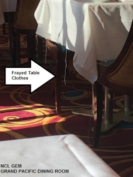 Frayed tablecloths in the Grand Pacific look tatty in the setting sun.