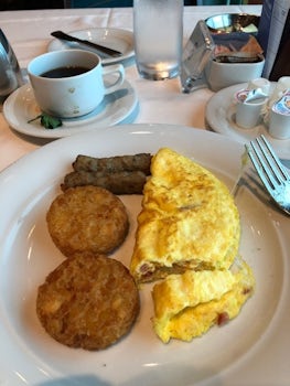 The omelet was okay, but the Brown n Serve sausage and Hash Brown patties (