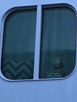 Plushies in cabin window as seen from port