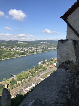 View of the Rhine from Marksburg Castle. Our ship is docked along the shore