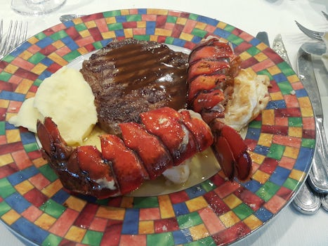 Lobster Tail and Rib Eye Steak at Buffet dinner .
