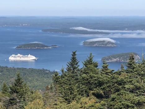 View of ship from Cadillac Mountain in Bar Harbor, Maine.