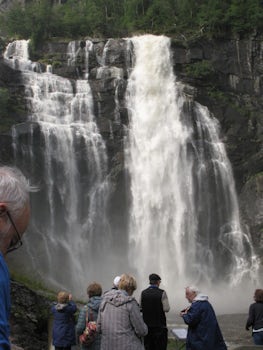 huge waterfall stop on our bus tour around Eidfjord, Norway