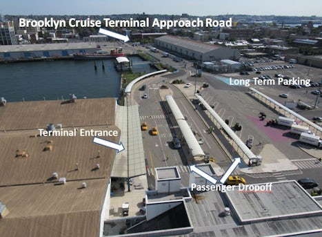 Annotated view of the Brooklyn Cruise Ship Terminal, as seen from aboard th
