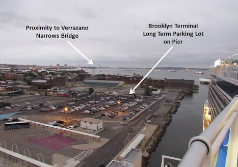 Annotated view of the Brooklyn Cruise Ship Terminal parking lot, as seen fr