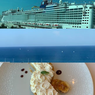 A collage of our first day - ship in port, view from balcony and a deliciou