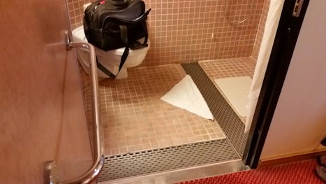 View of floor area of bathroom, we found the drain arrangement worked even