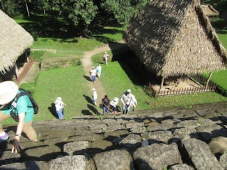 Climbing Mayan ruins at Quiragua.