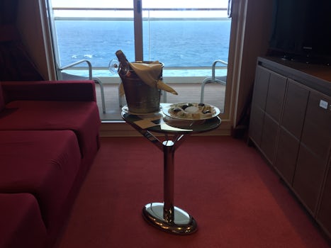 Sea Day - Relaxing in our cabin with sparkling wine.