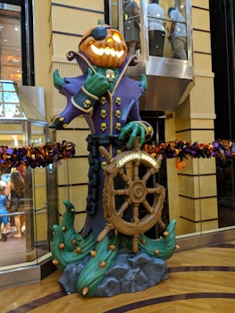 Lobby area decorated for Halloween