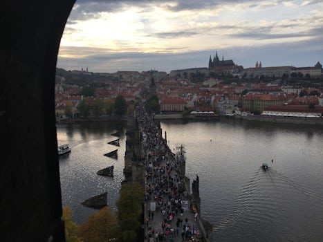 Charles Bridge from the tower at the foot of the bridge. With a good sunset