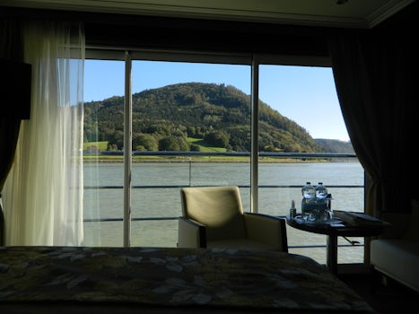 Looking out the window of our cabin at the passing scenery on the Danube.
