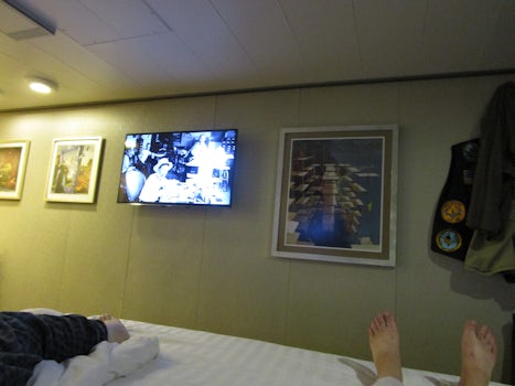 View of the TV from the right side of the bed.  Note the painting in the ce