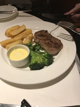 Steak very well cooked and gorgeous chunky chips, also the bayanise sauce i