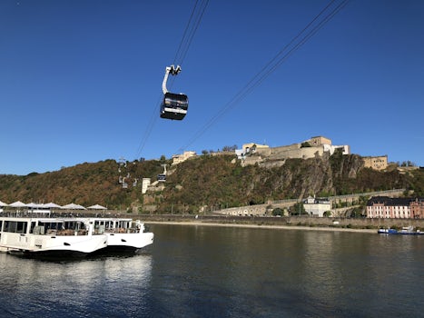 Trams at Koblenz and Ehrenbreitstein Fortress on the other bank.