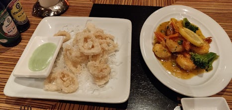 Shrimp main and deep-fried calamari at Orchid Garden. Also ordered a bowl o