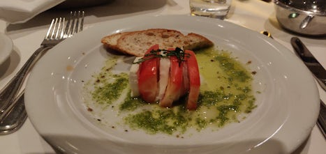 Mozzarella and tomato appetizer (MDR dinner, Bar Harbor night)