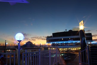Looking aft over the pool deck at night.