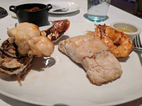 Main course from Bayamo restaurant - lobster, snapper, shrimp
