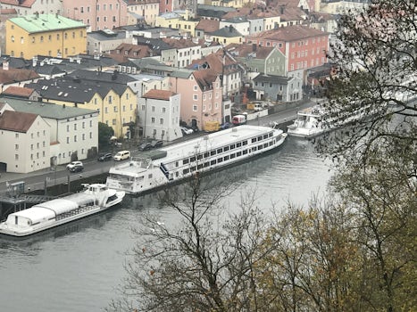 Passau, Germany.  View from the castle looking down on the Danube and a few ships in port.
