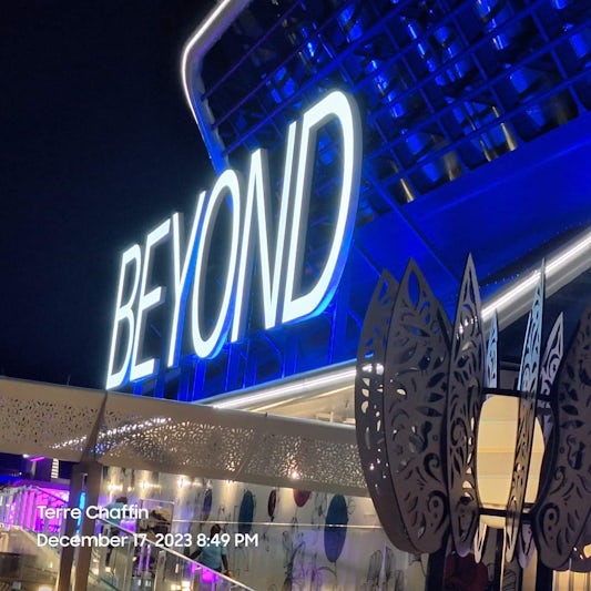 The Beyond sign at night.