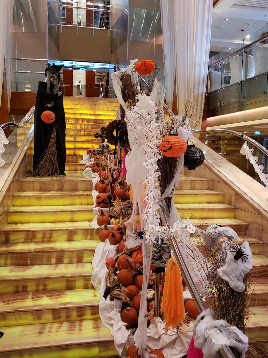 Halloween decorations on the onyx stairs in the atrium/lobby.