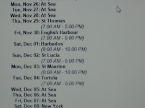 actual printed Itinerary describing the 10PM times in Barbados and St.Maart