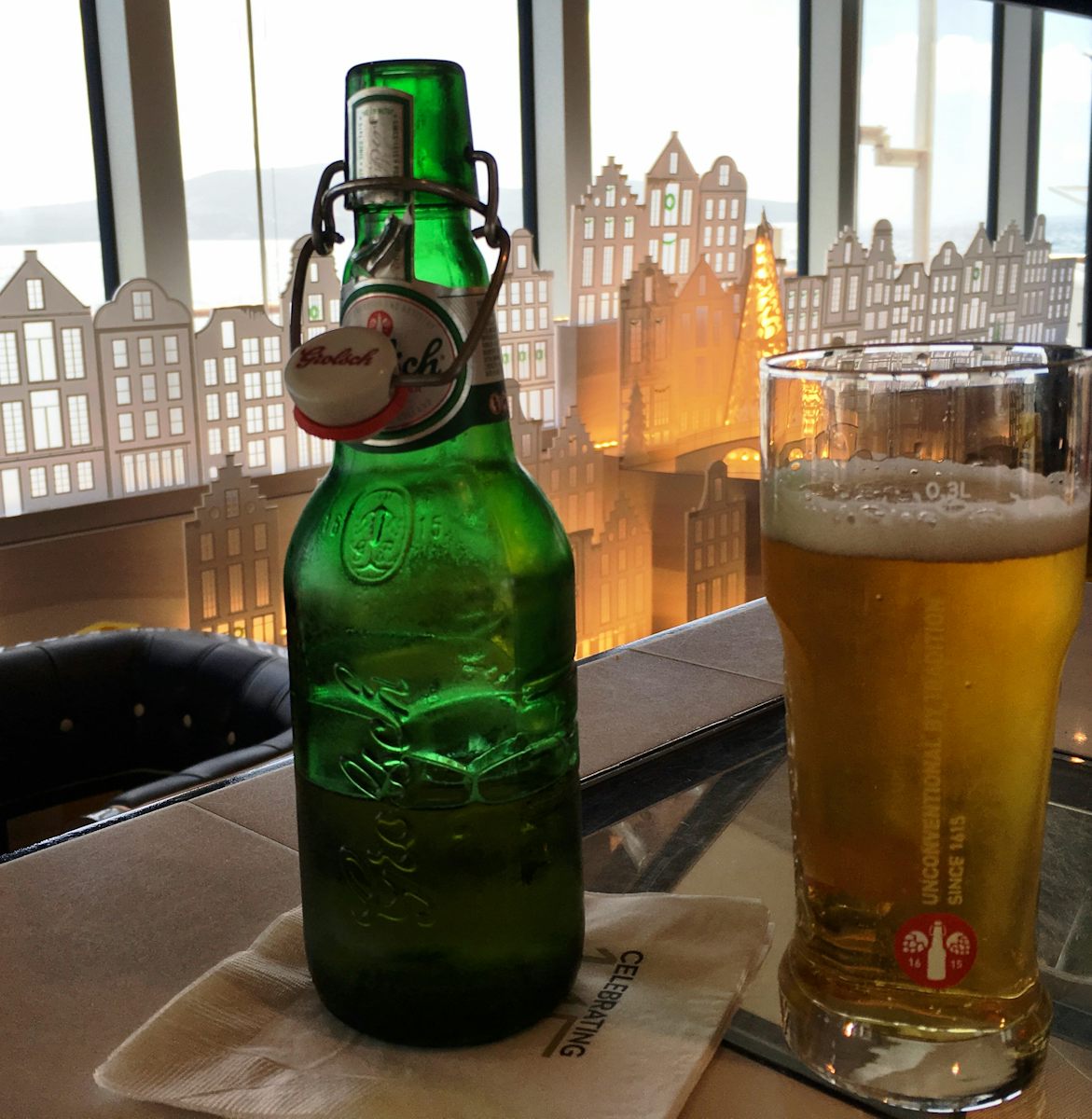 Enjoying Grolsch in the Dutch Cafe...which happened frequently during our c