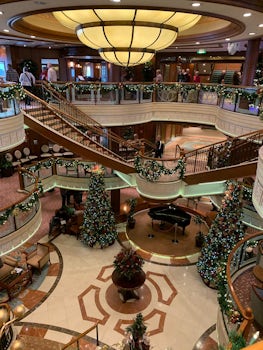 Main lobby, decorated for Christmas.