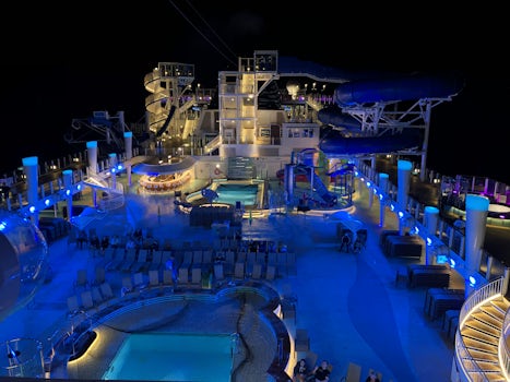 Night view of pool deck