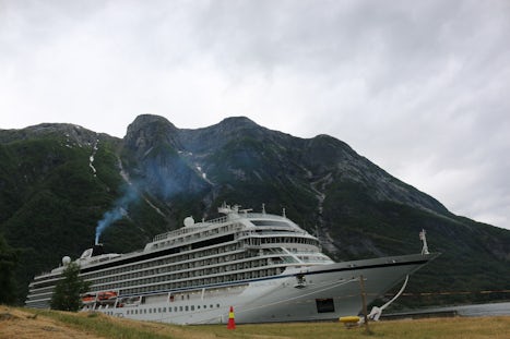 Our ship, the Sun, in Eidfjord, Norway, amidst the fjords and some rather t
