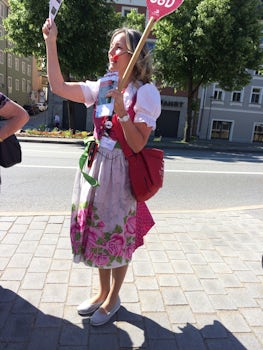 Our delightful tour guide, dresses in typical costume, in Passau, Bavaria